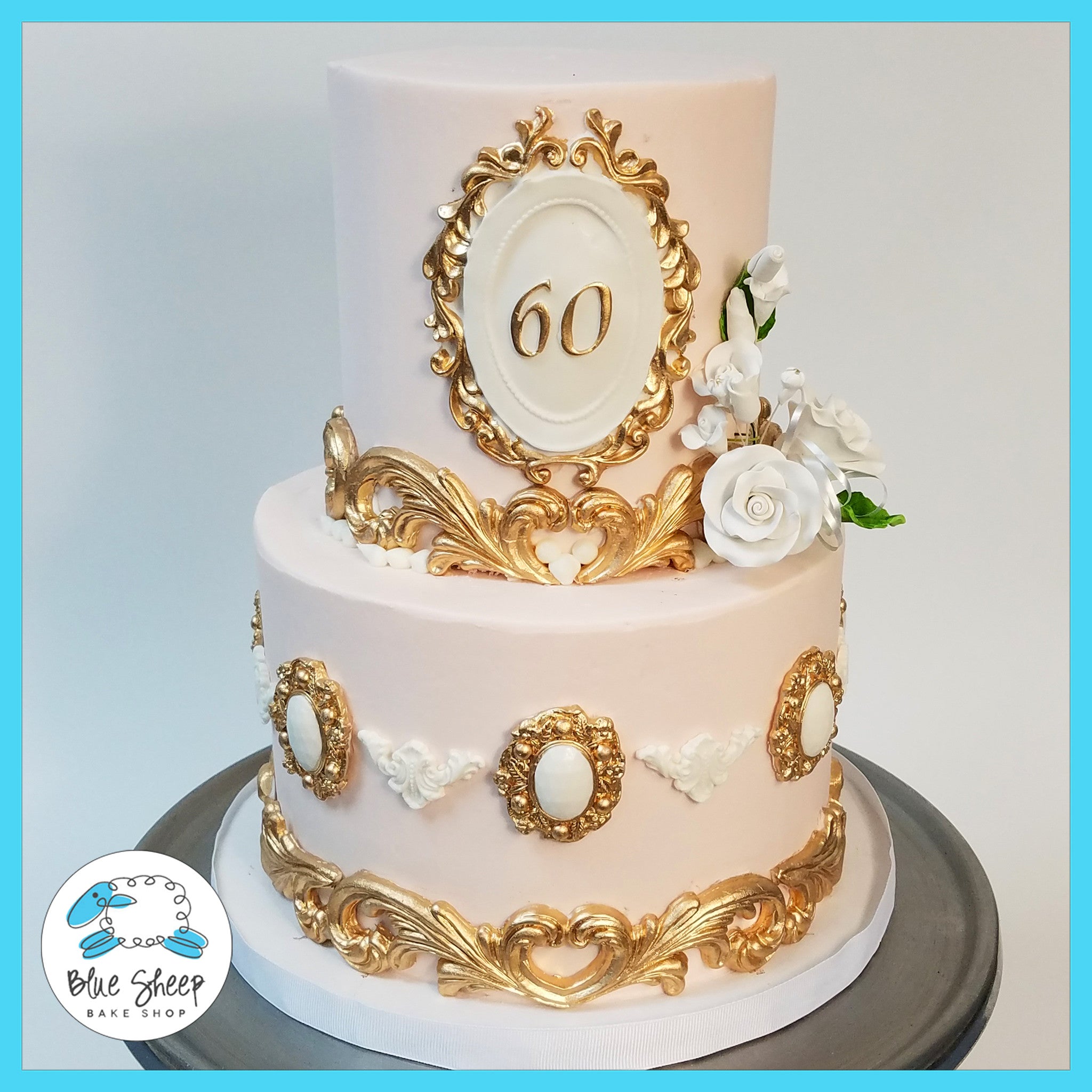 Pink and Gold Vintage 60th Birthday Cake NJ – Blue Sheep Bake Shop